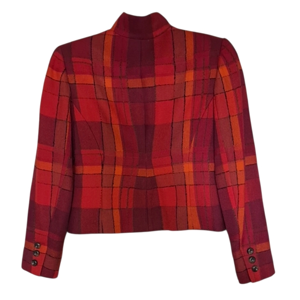 Vintage Carlisle Plaid Red Orange Cropped Long Sleeve Wool Jacket Women Size 2 - Picture 4 of 16